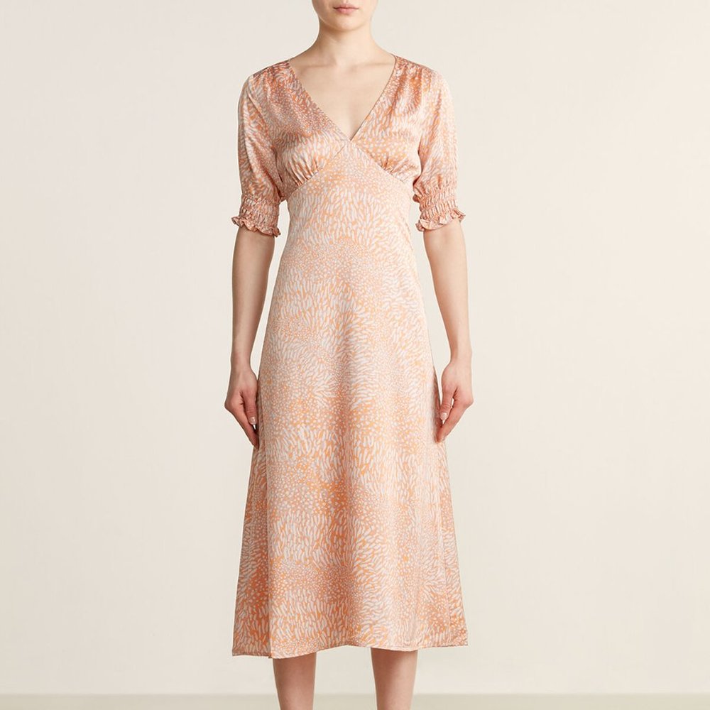 LUSH Puff Sleeve Midi Dress Orange Cream M NWT